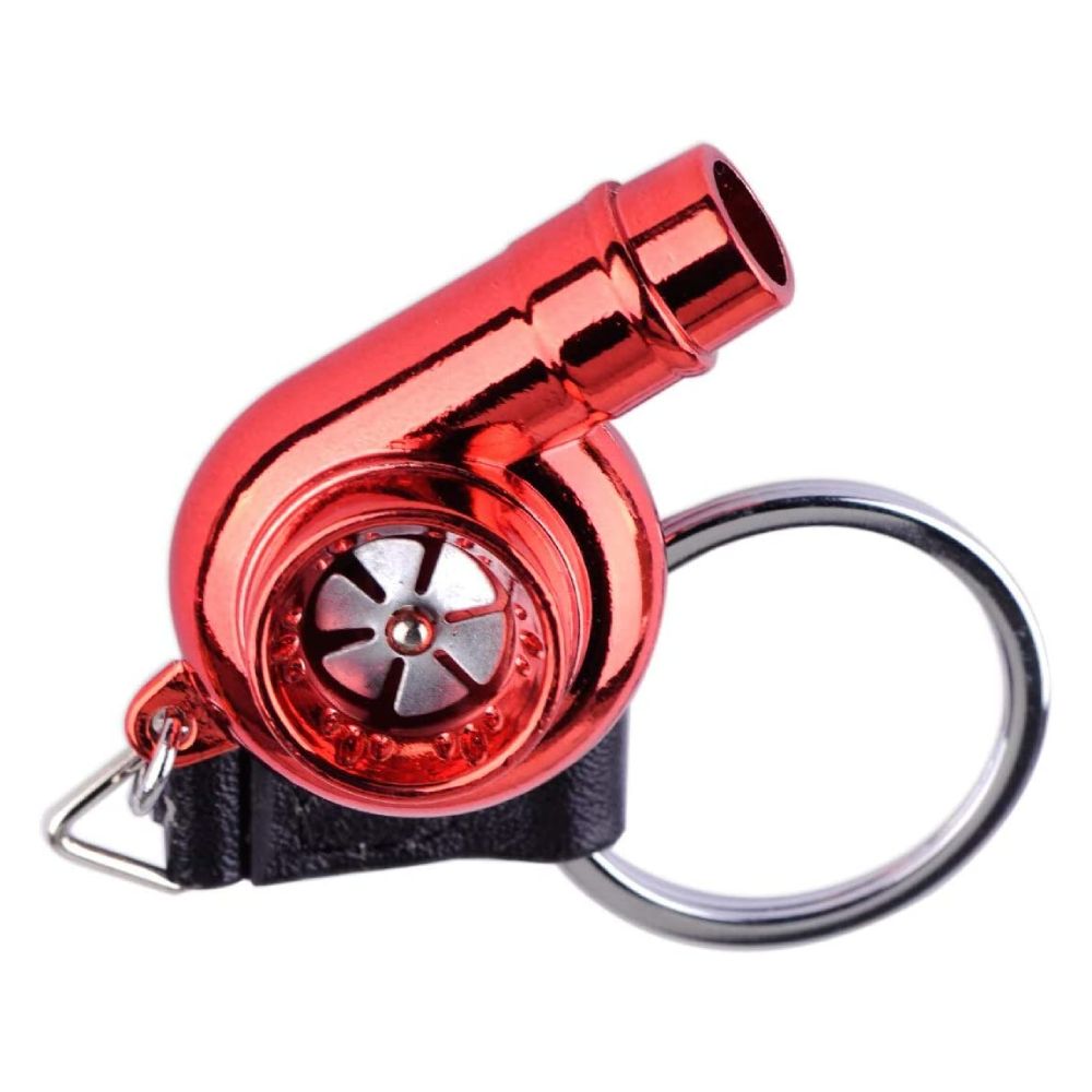 Turbocharger whistle car keychain in red.